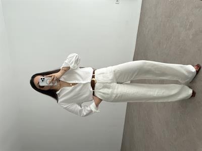 Premium Tok Pamuk Keten Yüksek Bel Palazzo Pantolon Beyaz