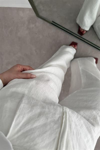 Premium Tok Pamuk Keten Yüksek Bel Palazzo Pantolon Beyaz