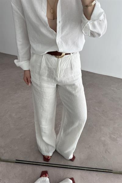 Premium Tok Pamuk Keten Yüksek Bel Palazzo Pantolon Beyaz