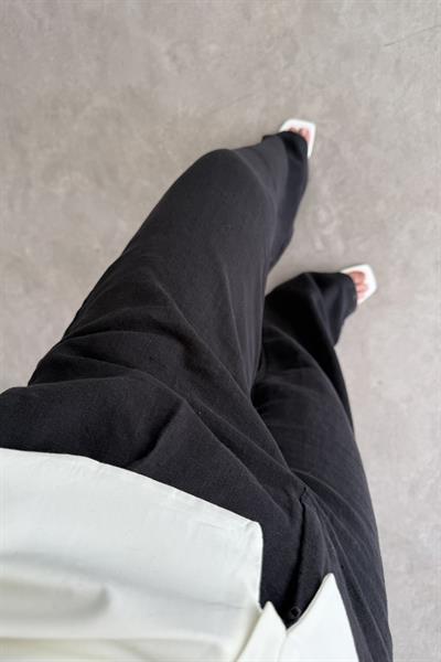 Premium Tok Pamuk Keten Yüksek Bel Palazzo Pantolon Siyah