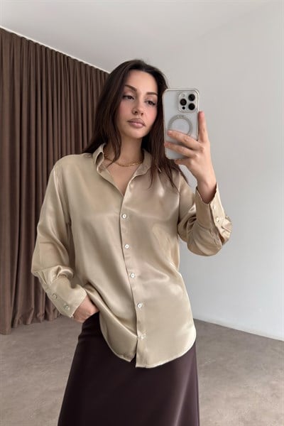 Premium Tok Saten Sedef Düğmeli Bej Gömlek