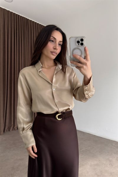 Premium Tok Saten Sedef Düğmeli Bej Gömlek