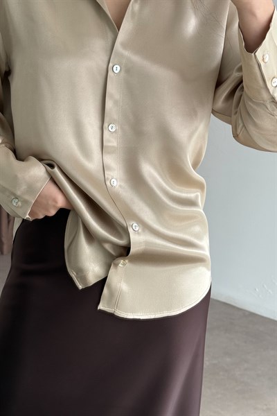 Premium Tok Saten Sedef Düğmeli Bej Gömlek