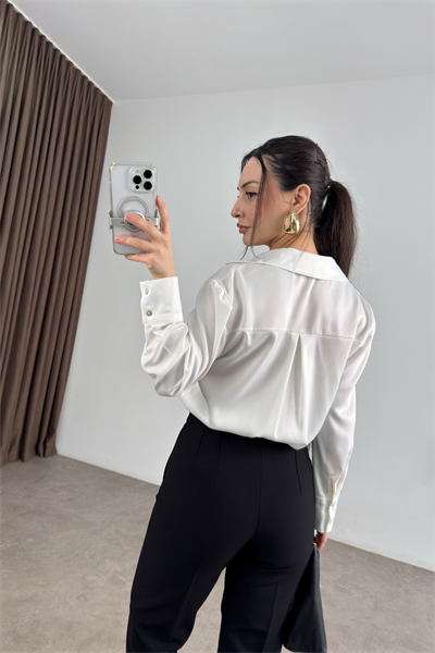 Premium Tok Saten Sedef Düğmeli Beyaz Gömlek