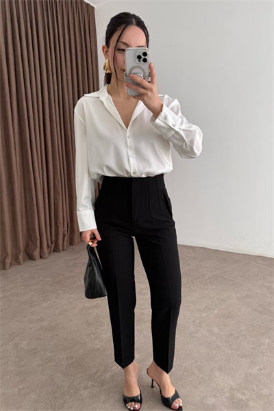 Premium Tok Saten Sedef Düğmeli Beyaz Gömlek