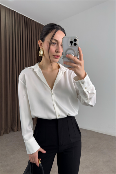 Premium Tok Saten Sedef Düğmeli Beyaz Gömlek