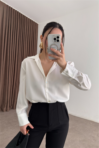 Premium Tok Saten Sedef Düğmeli Beyaz Gömlek