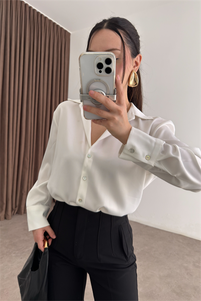 Premium Tok Saten Sedef Düğmeli Beyaz Gömlek