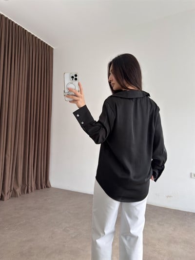 Premium Tok Saten Sedef Düğmeli Siyah Gömlek