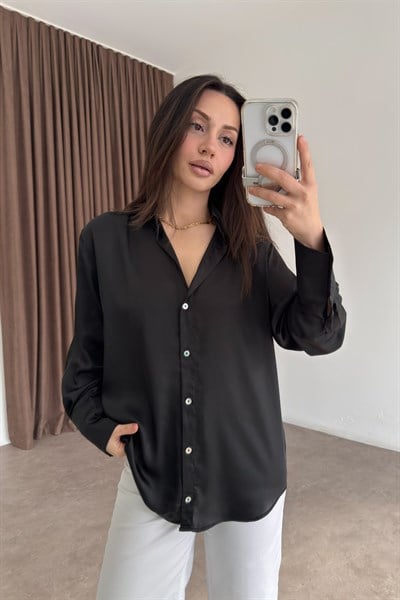 Premium Tok Saten Sedef Düğmeli Siyah Gömlek