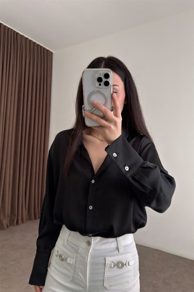 Premium Tok Saten Sedef Düğmeli Siyah Gömlek