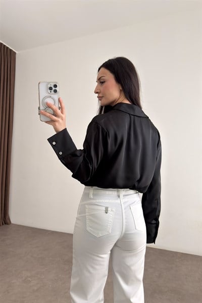 Premium Tok Saten Sedef Düğmeli Siyah Gömlek