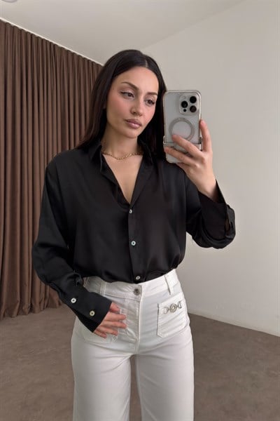 Premium Tok Saten Sedef Düğmeli Siyah Gömlek