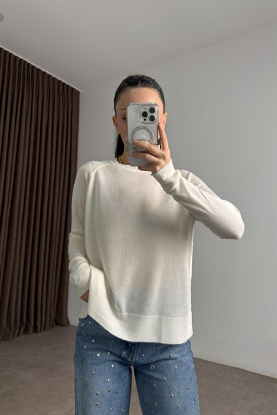 Premium Transparan Yuvarlak Yaka Ekru Bluz 