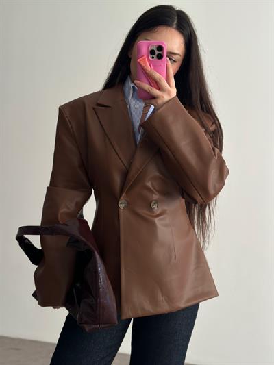 Premium Vatkalı Blazer Deri Ceket Camel