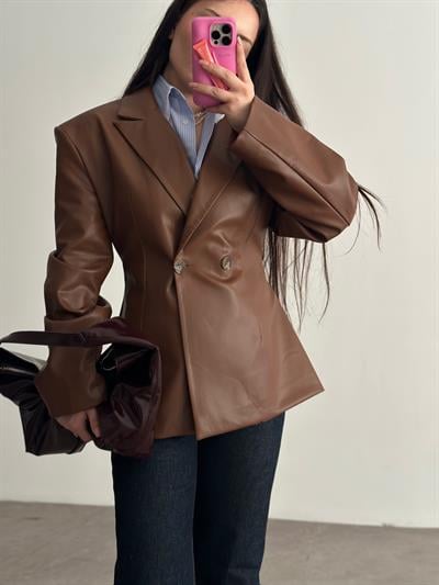 Premium Vatkalı Blazer Deri Ceket Camel