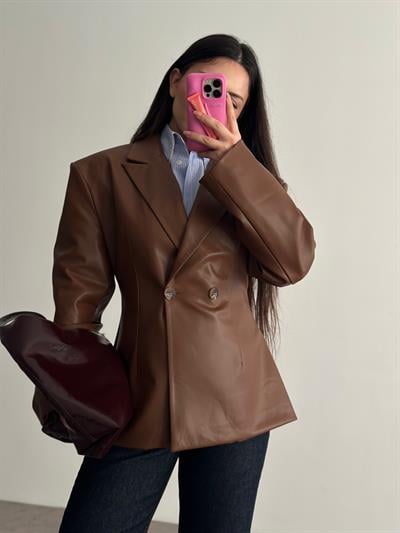 Premium Vatkalı Blazer Deri Ceket Camel