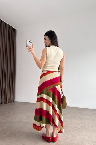 Premium Verev Renk Geçişli Midi Etek