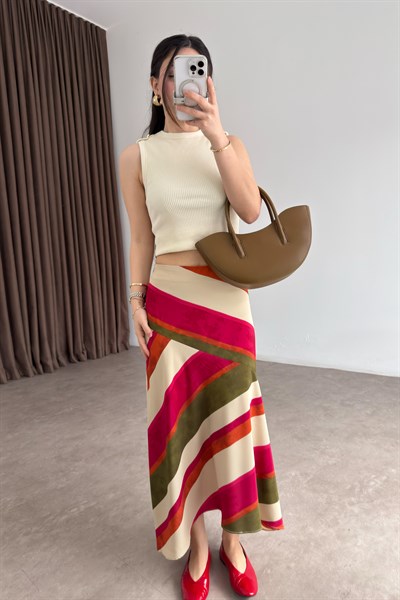 Premium Verev Renk Geçişli Midi Etek