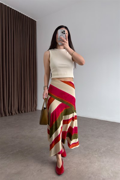 Premium Verev Renk Geçişli Midi Etek