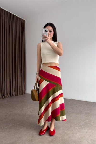 Premium Verev Renk Geçişli Midi Etek