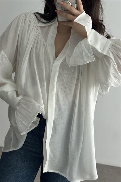 Premium Viskon Bohem Gömlek Beyaz