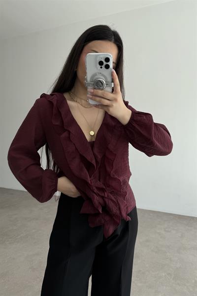 Premium Volanlı Bohem Gömlek Burgundy