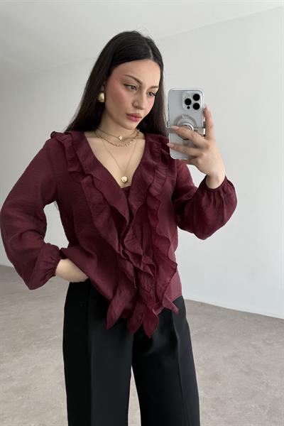 Premium Volanlı Bohem Gömlek Burgundy
