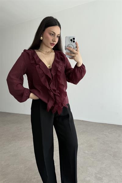 Premium Volanlı Bohem Gömlek Burgundy