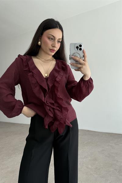 Premium Volanlı Bohem Gömlek Burgundy