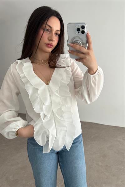 Premium Volanlı Bohem Gömlek White