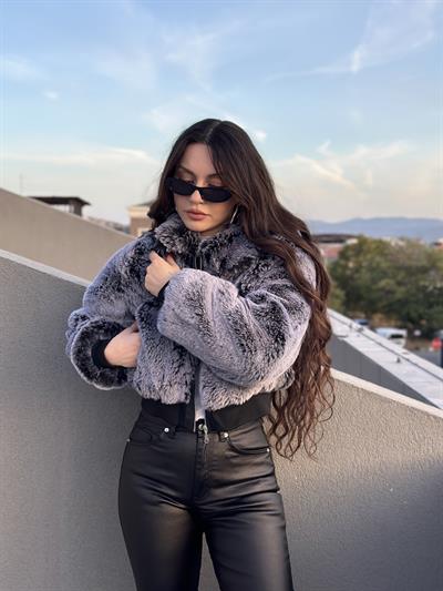 Premium Yakalı Coon Gri Kürk Mont