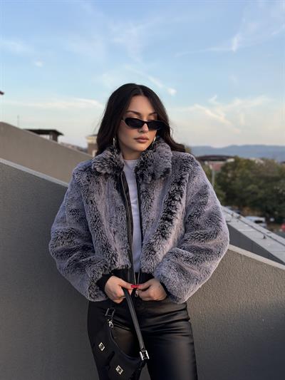 Premium Yakalı Coon Gri Kürk Mont