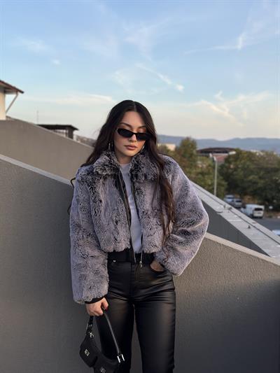 Premium Yakalı Coon Gri Kürk Mont