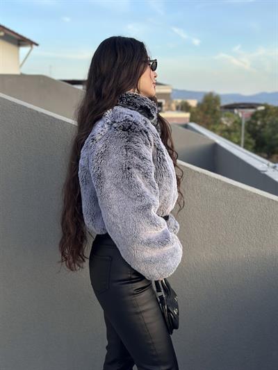 Premium Yakalı Coon Gri Kürk Mont