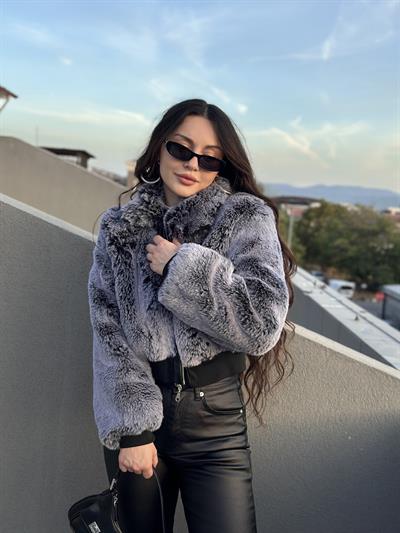 Premium Yakalı Coon Gri Kürk Mont