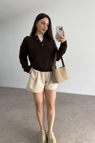 Premium Yakası Gold Düğmeli Kahve Kazak