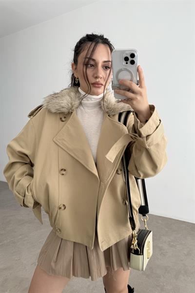 Premium Yakası Kürklü Bomber Camel Trençkot