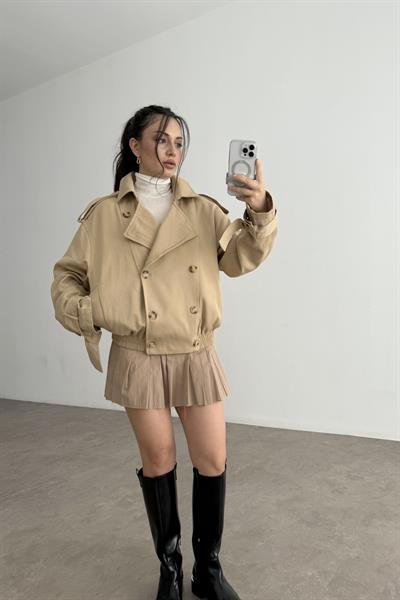 Premium Yakası Kürklü Bomber Camel Trençkot