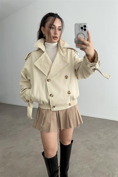 Premium Yakası Kürklü Bomber Ekru Trençkot