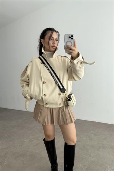 Premium Yakası Kürklü Bomber Ekru Trençkot