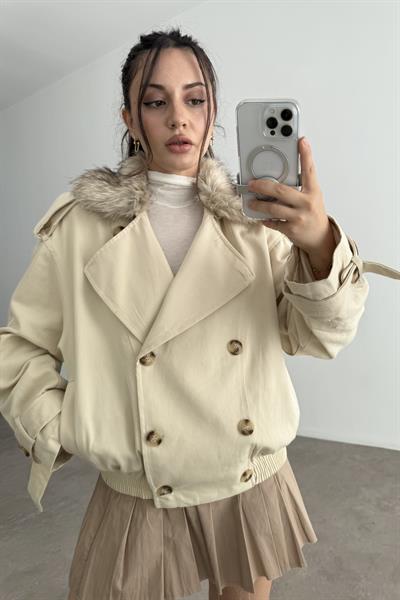 Premium Yakası Kürklü Bomber Ekru Trençkot