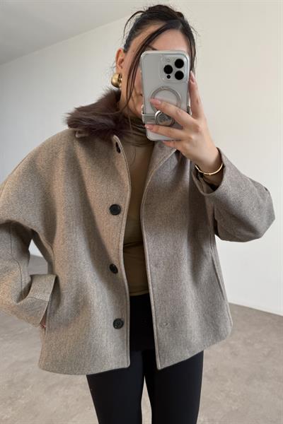 Premium Yakası Kürklü Boz Kahve Kaşe Ceket 