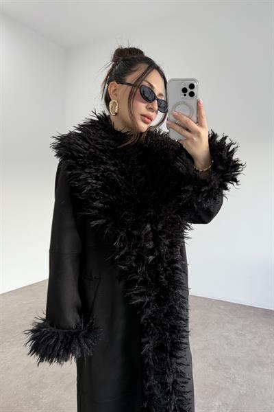 Premium Yakası Ve Kolları Kürklü Nubun Siyah Kaban