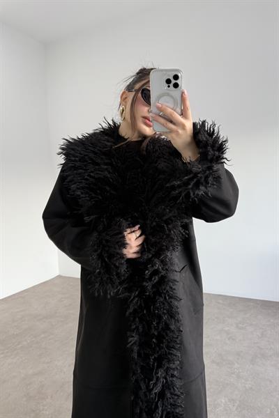 Premium Yakası Ve Kolları Kürklü Nubun Siyah Kaban