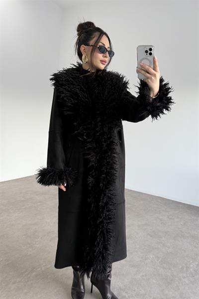 Premium Yakası Ve Kolları Kürklü Nubun Siyah Kaban