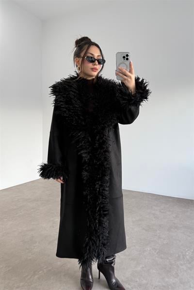 Premium Yakası Ve Kolları Kürklü Nubun Siyah Kaban