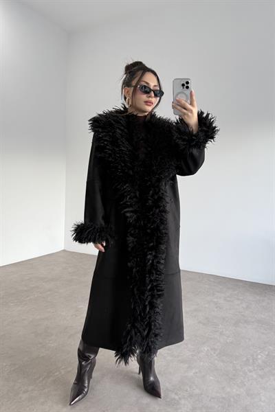 Premium Yakası Ve Kolları Kürklü Nubun Siyah Kaban