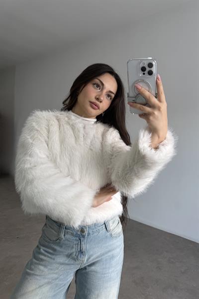 Premium Yakasız Ekru  Kürk 