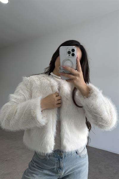 Premium Yakasız Ekru  Kürk 